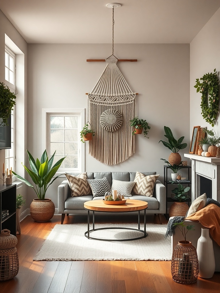 A cozy living room featuring a large macramé wall hanging above a sofa, surrounded by plants and decorative items.