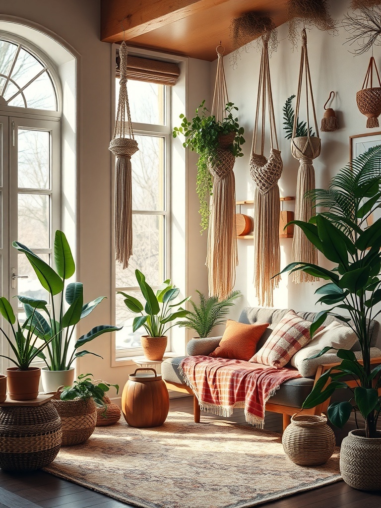 A cozy living room featuring macrame wall hangings, plants, and a comfortable sofa.