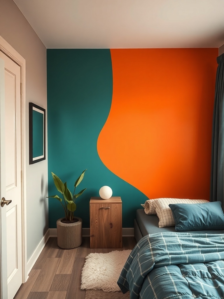 A small bedroom featuring a bold accent wall with orange and teal colors, a nightstand, a plant, and cozy bedding.