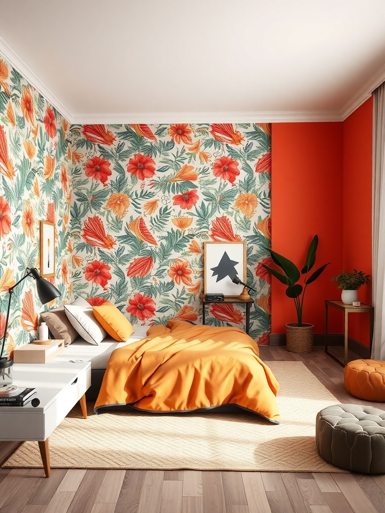A modern bedroom featuring a bold floral wallpaper accent wall with warm orange tones, complemented by neutral furniture.