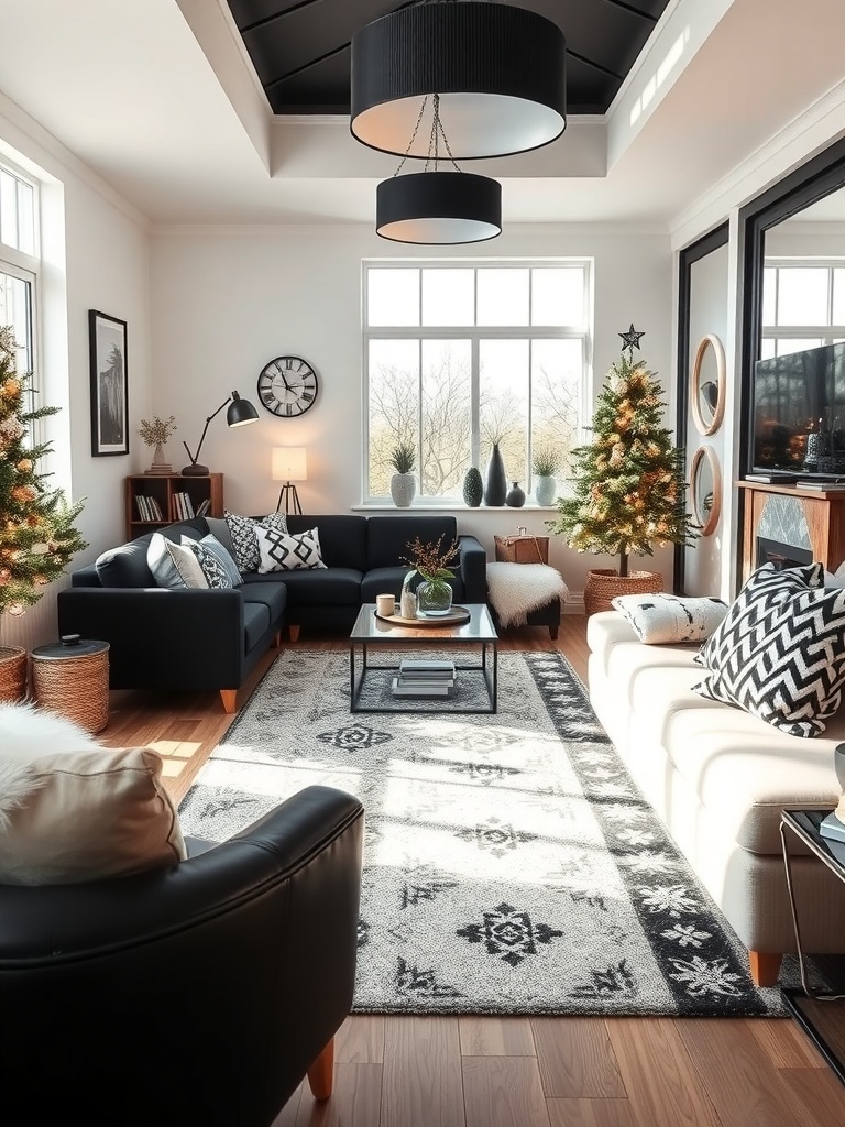 A stylish living room featuring a black and white color scheme with decorative elements.