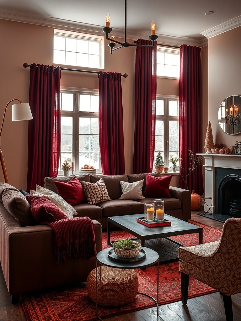 Living room with burgundy curtains and accents, featuring a cozy sofa and warm lighting.