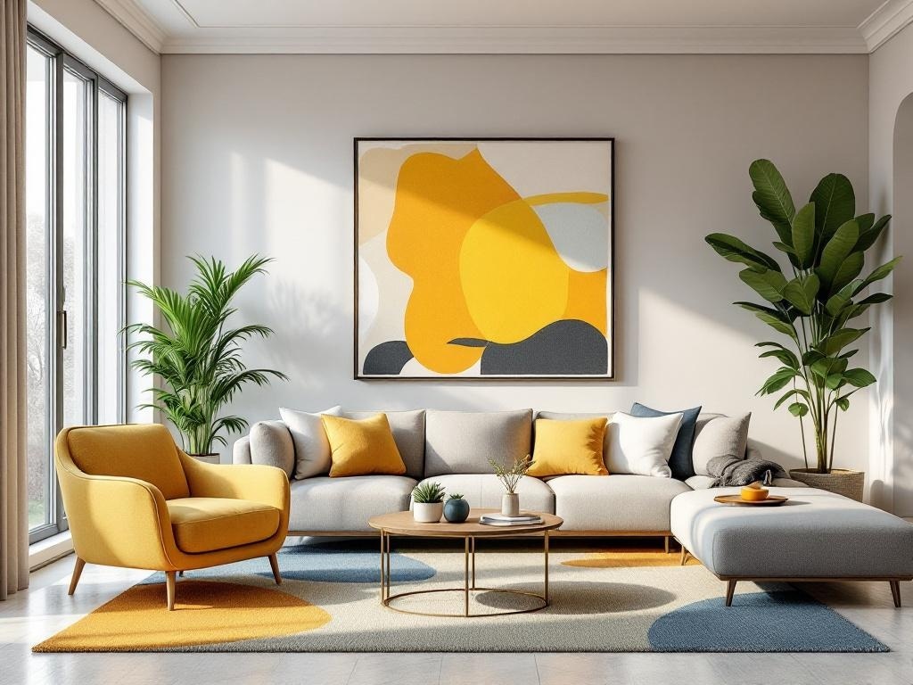 A modern living room featuring a yellow armchair, gray sofa, abstract wall art, and potted plants.