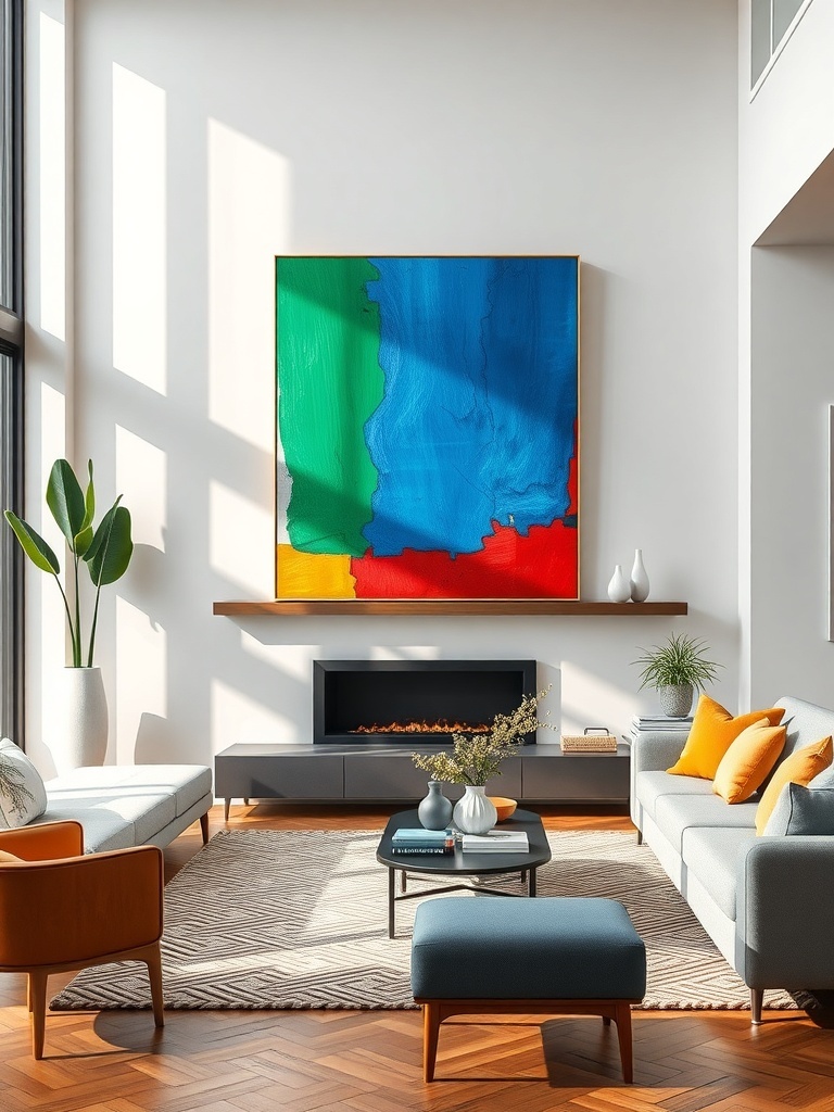 A modern living room featuring a bold color block painting with vibrant blue, green, and red colors, complemented by stylish furniture.