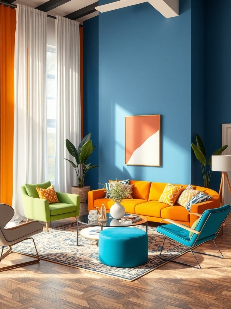 A vibrant living room featuring an orange sofa, blue wall, and green and turquoise chairs.