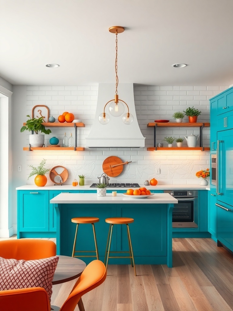A modern kitchen with turquoise cabinets, orange accents, and a white brick backsplash.