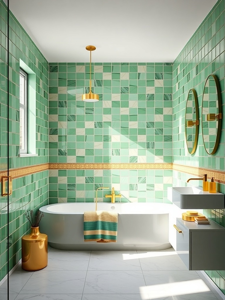 A modern bathroom featuring vibrant green tiles, golden fixtures, and a sleek white bathtub.