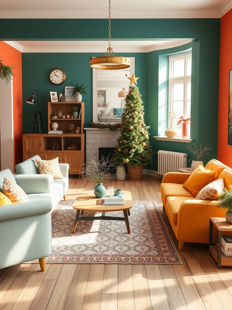 A living room featuring bold color palettes with green, orange, and yellow accents.