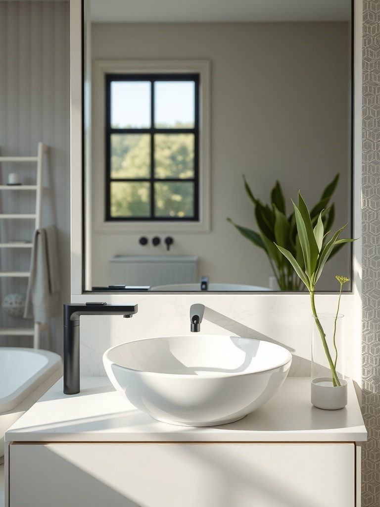 A modern bathroom featuring a bold bowl sink, black faucet, and a potted plant.