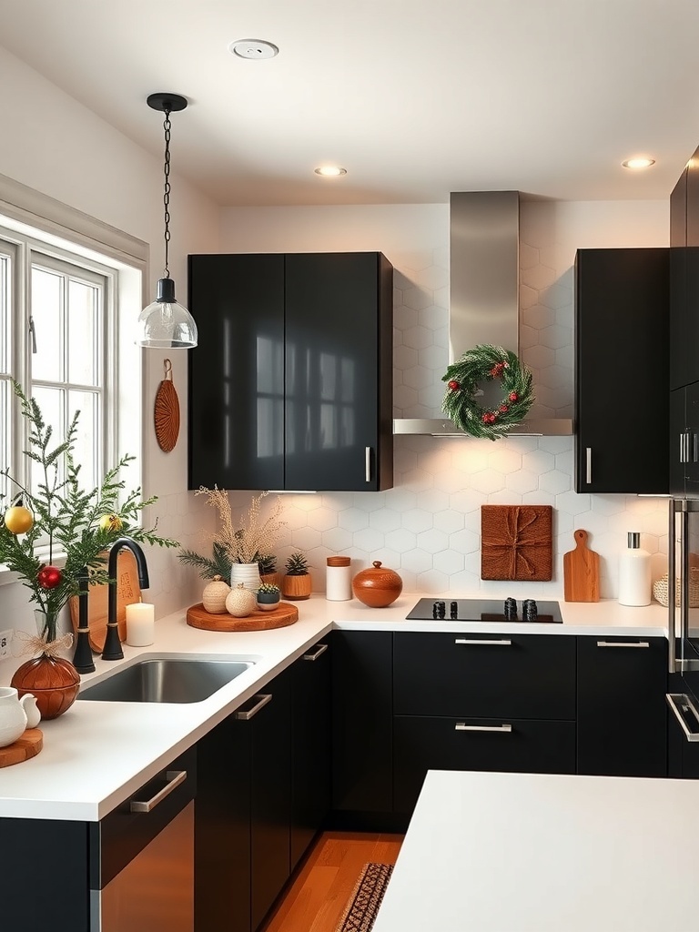 A modern kitchen featuring bold black cabinets and white countertops, decorated with seasonal accents.