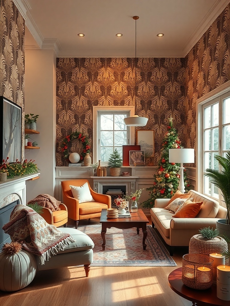 A cozy living room featuring bold wallpaper with a leaf pattern, complemented by warm furniture and festive decorations.
