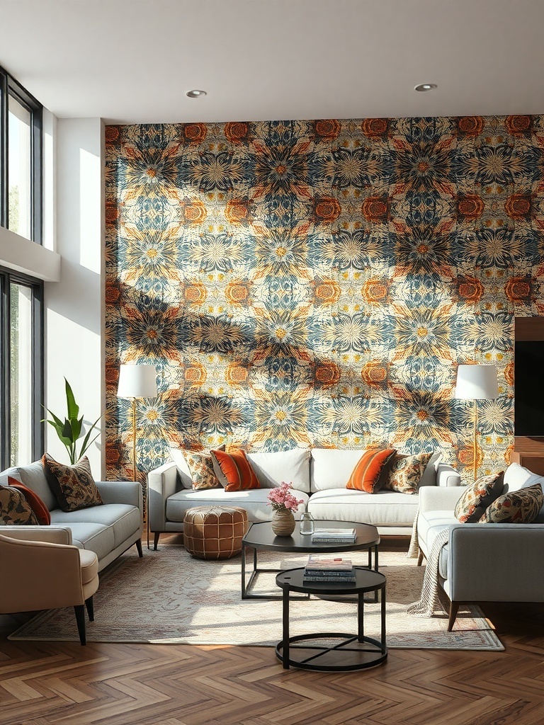 A stylish living room featuring bold floral wallpaper, light-colored furniture, and decorative cushions.