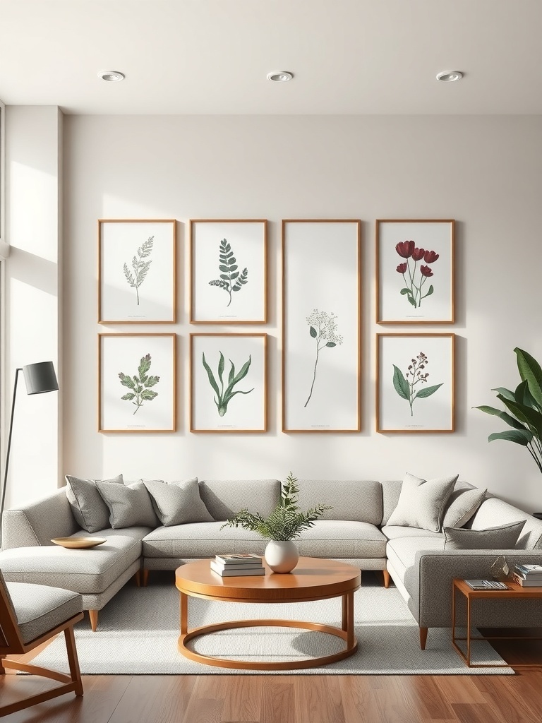 A living room featuring a collection of botanical prints on the wall, with a cozy couch and wooden furniture.