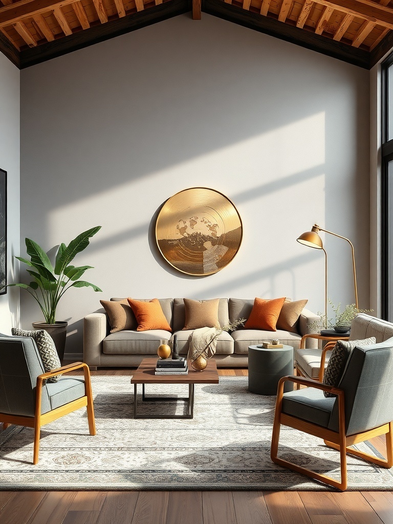 A cozy living room featuring brass accents, earthy tones, and a wooden ceiling.