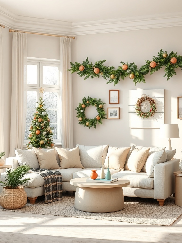 A bright and airy living room with a light color palette, featuring a cozy sofa, decorative wreaths, and a small Christmas tree.