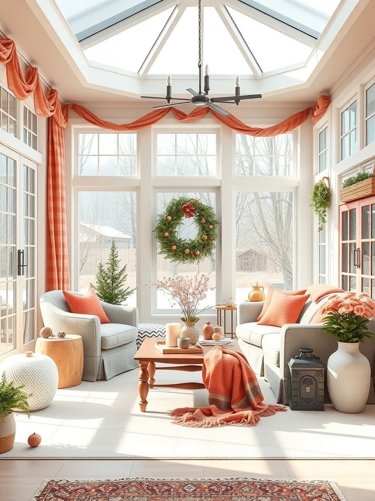 A bright and inviting living space featuring coral accents and soft gray furniture.