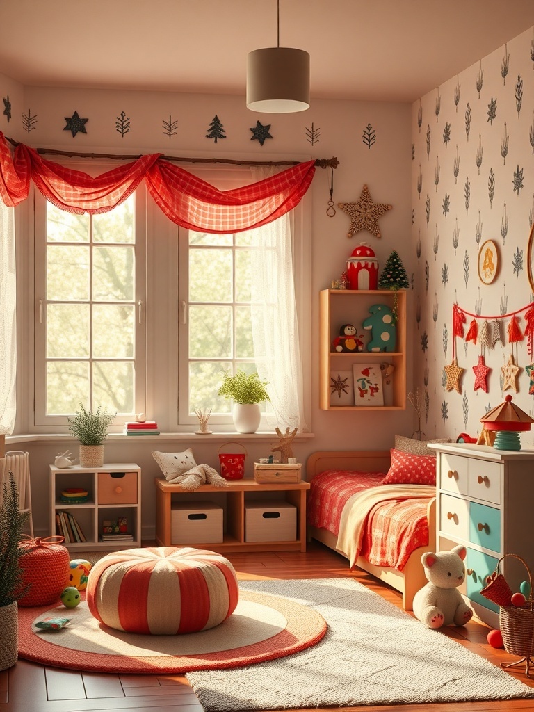 A cozy room featuring bright coral decor elements, including curtains, a rug, and playful accessories.