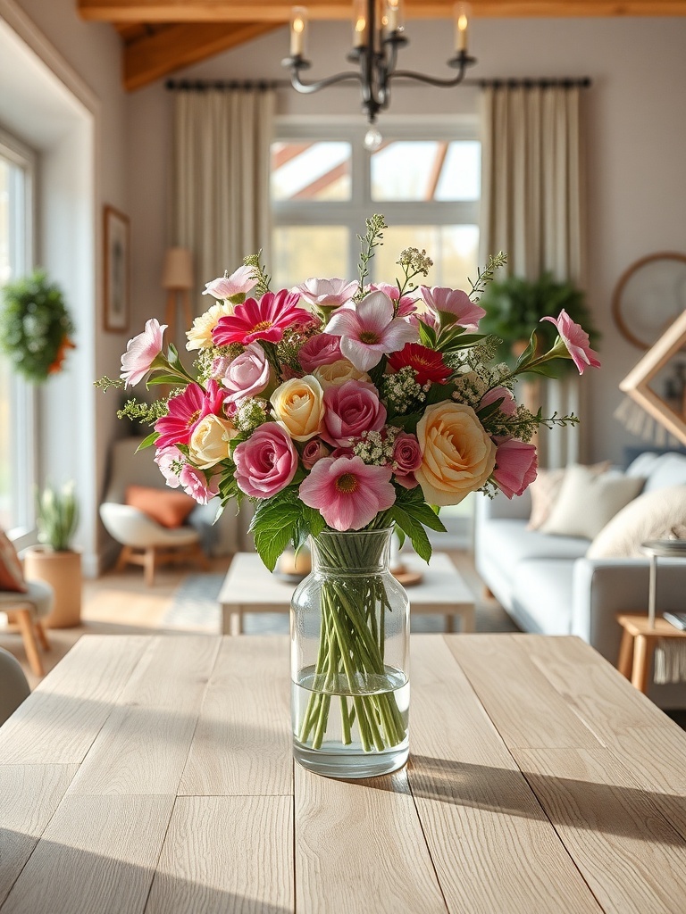 A vibrant bouquet of mixed flowers in a clear vase on a wooden table, set in a bright living room.