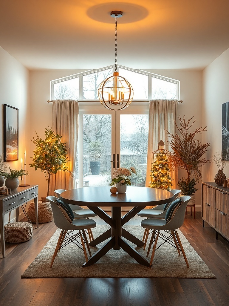 A dining area with a stylish pendant light, modern chairs, and decorative plants.