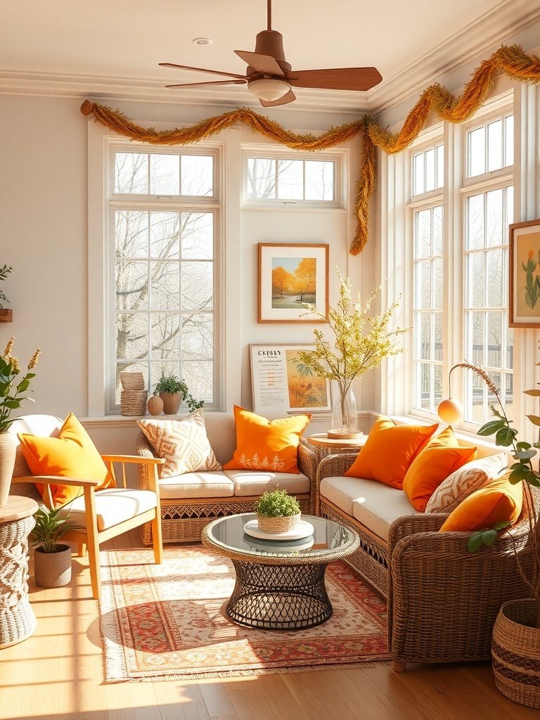 A cozy living room with bright tangerine accents, featuring pillows and decor that add warmth and cheer.