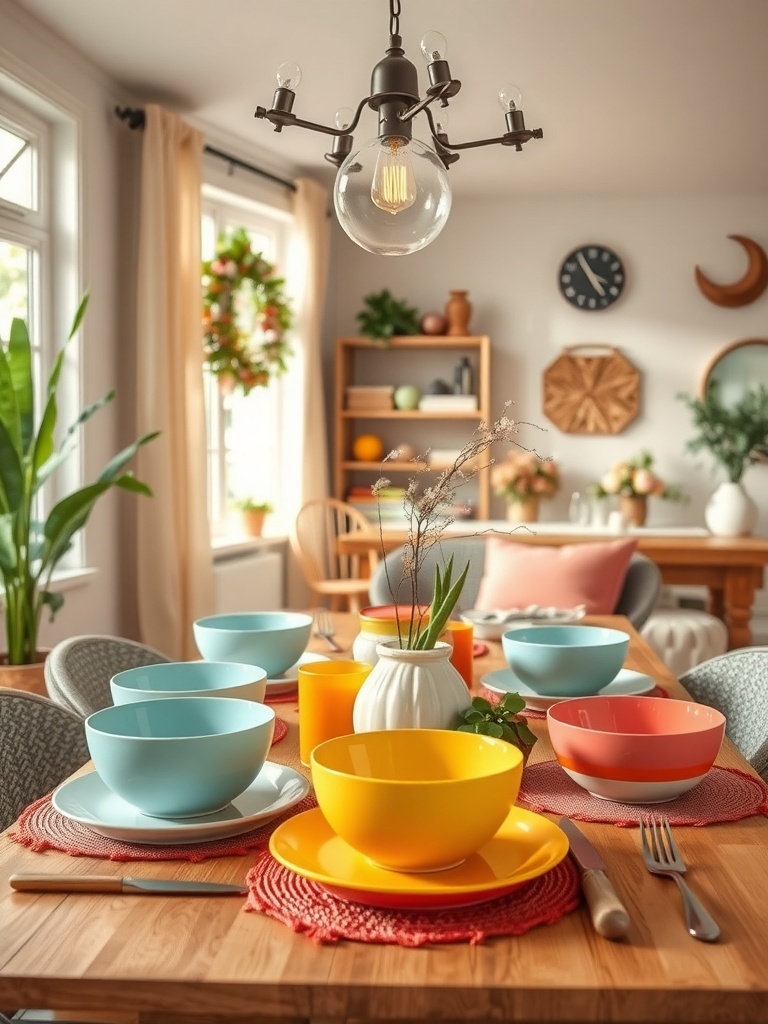 A beautifully set dining table featuring brightly colored dinnerware in various shades.