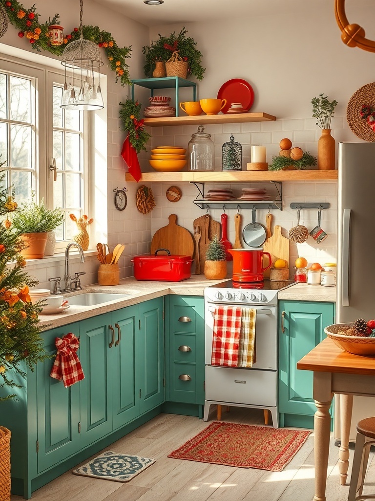 A cozy kitchen with brightly colored kitchenware including red pots, yellow dishes, and teal cabinets.