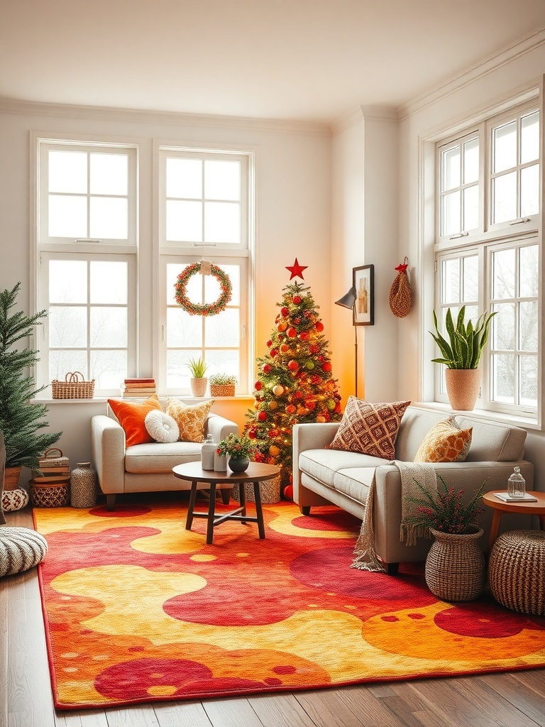 A cozy living room with a brightly colored rug featuring warm tones, complemented by light-colored furniture and plants.