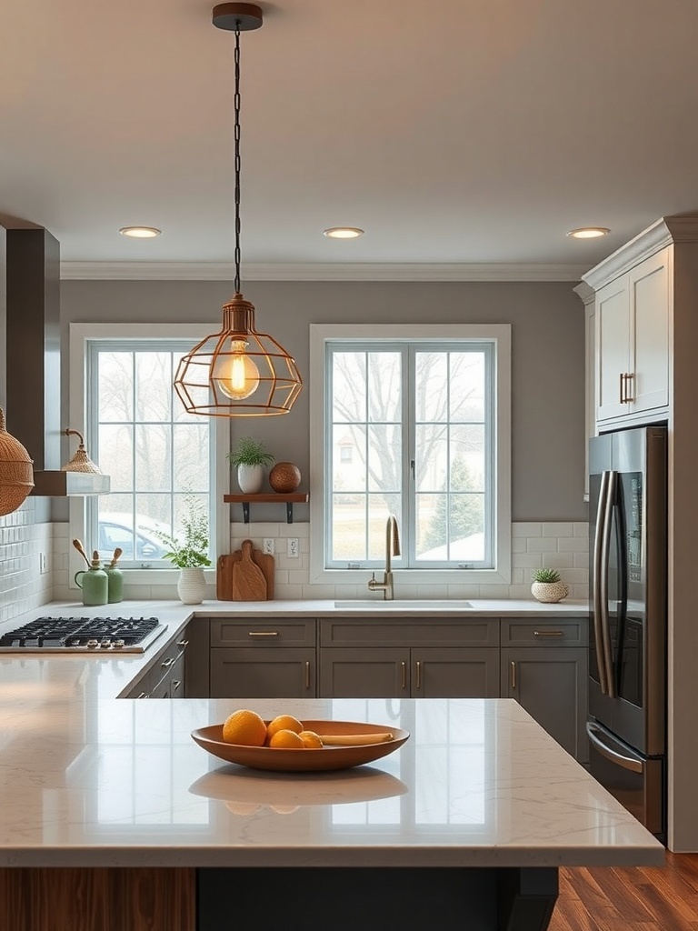 A modern kitchen featuring a stylish pendant light and recessed lighting, with a focus on a clean and inviting design.