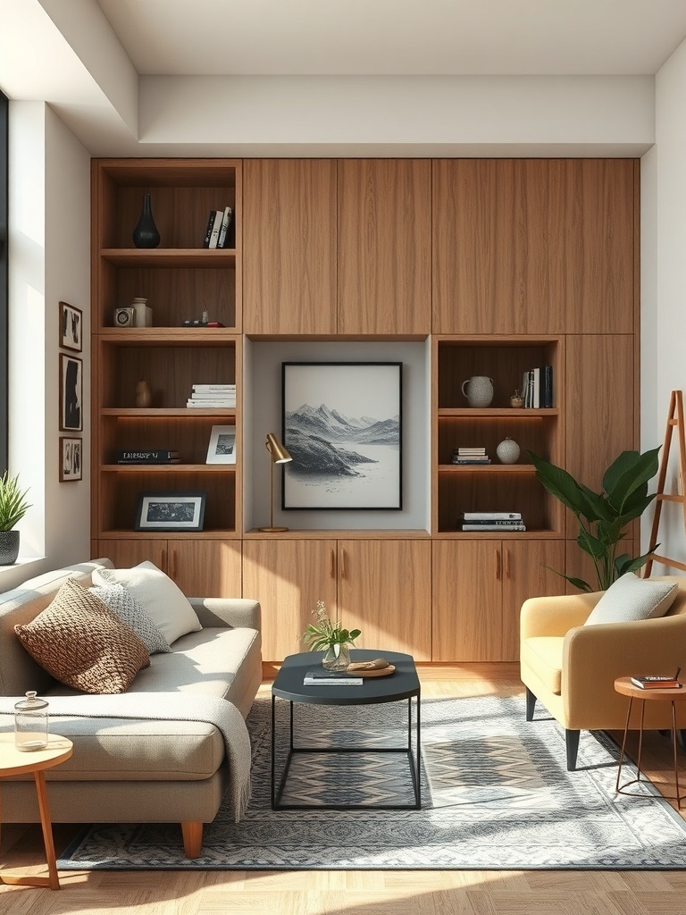 A cozy living room featuring built-in cabinetry with shelves and closed storage.