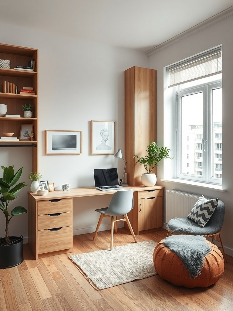 A stylish studio apartment with built-in furniture, featuring a desk, shelves, and a cozy seating area.