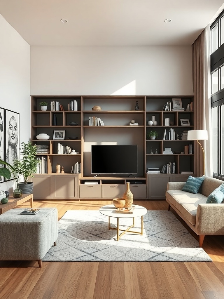 A cozy living room featuring built-in shelving units filled with books and decorative items.