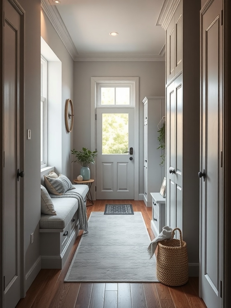 A narrow hallway with built-in storage solutions including a bench and cabinets.