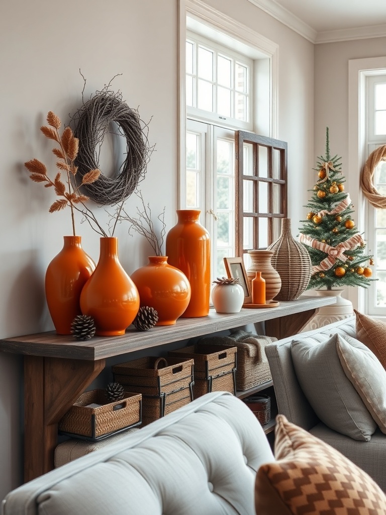 A cozy interior featuring burnt orange decorative elements like vases and throw pillows.