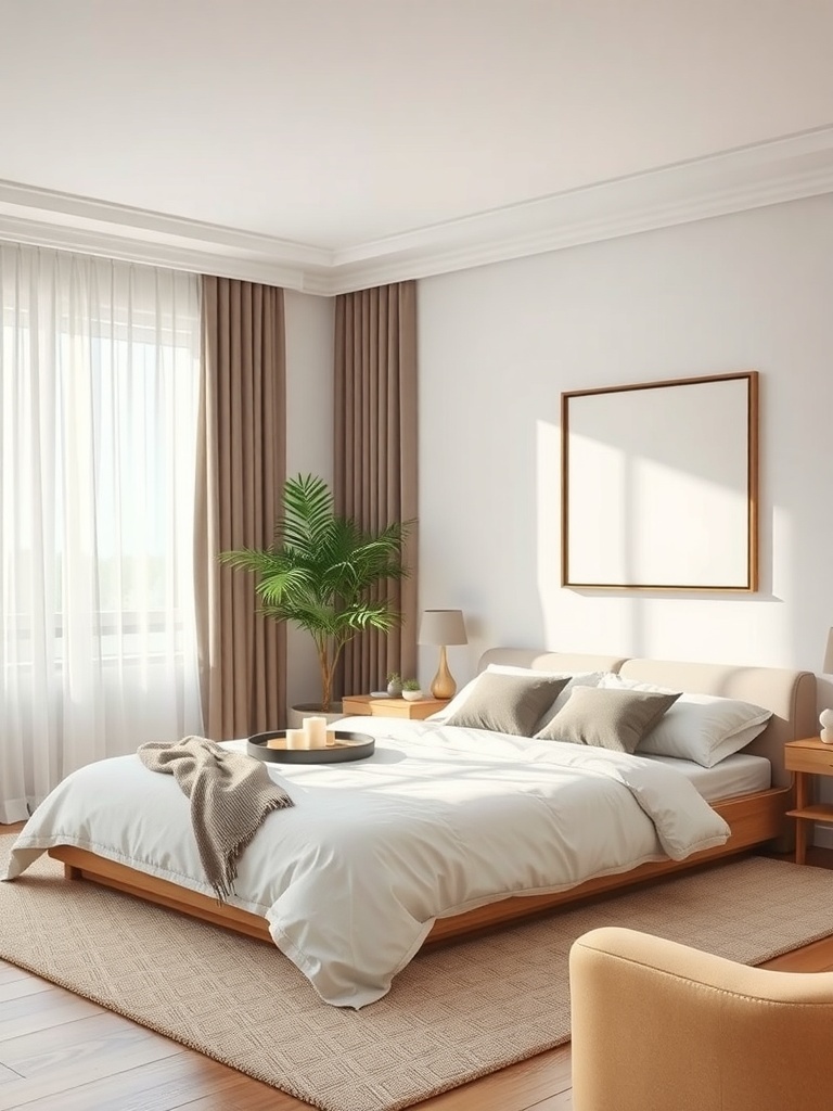 Minimalist bedroom with natural light, plants, and calming decor
