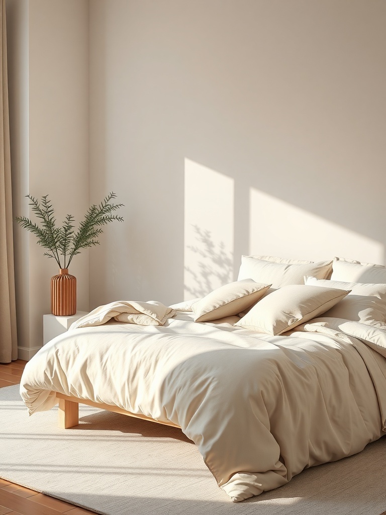A minimalist bedroom featuring calm beige bedding, soft pillows, and a small plant in a vase.