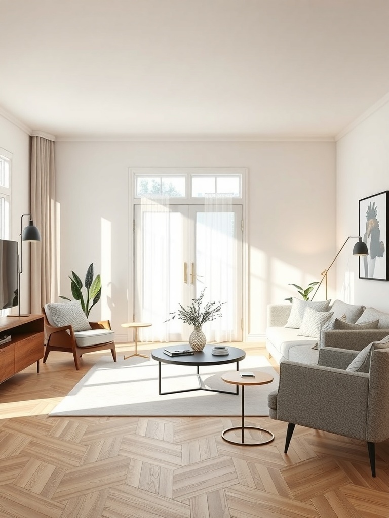 Minimalist living room with natural light, plants, and simple furniture.