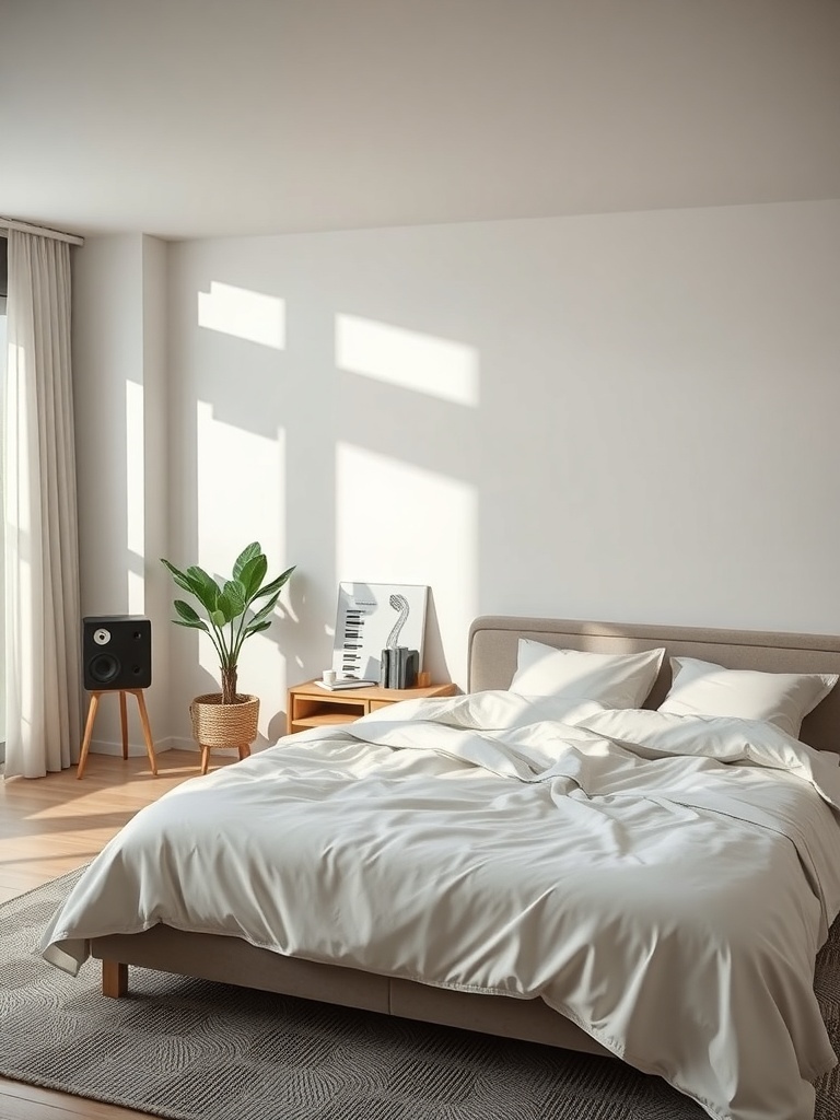 A minimalist bedroom with a bed, plant, and speaker, showcasing a calming atmosphere.