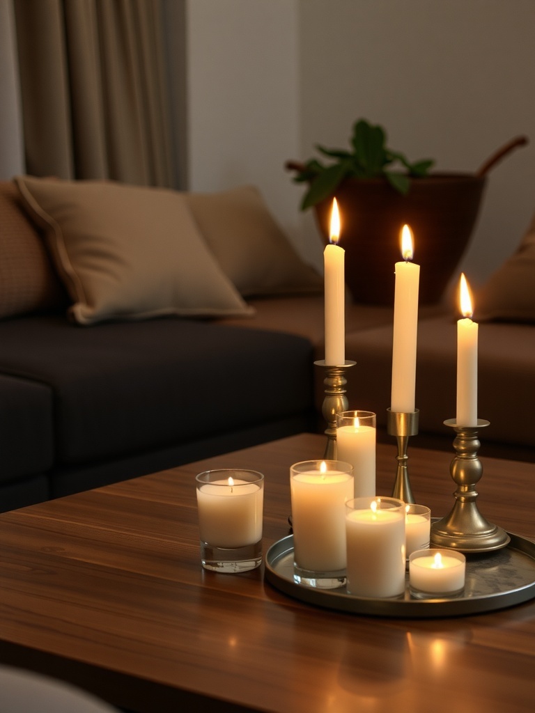 Candle arrangement on a wooden table in a cozy living room
