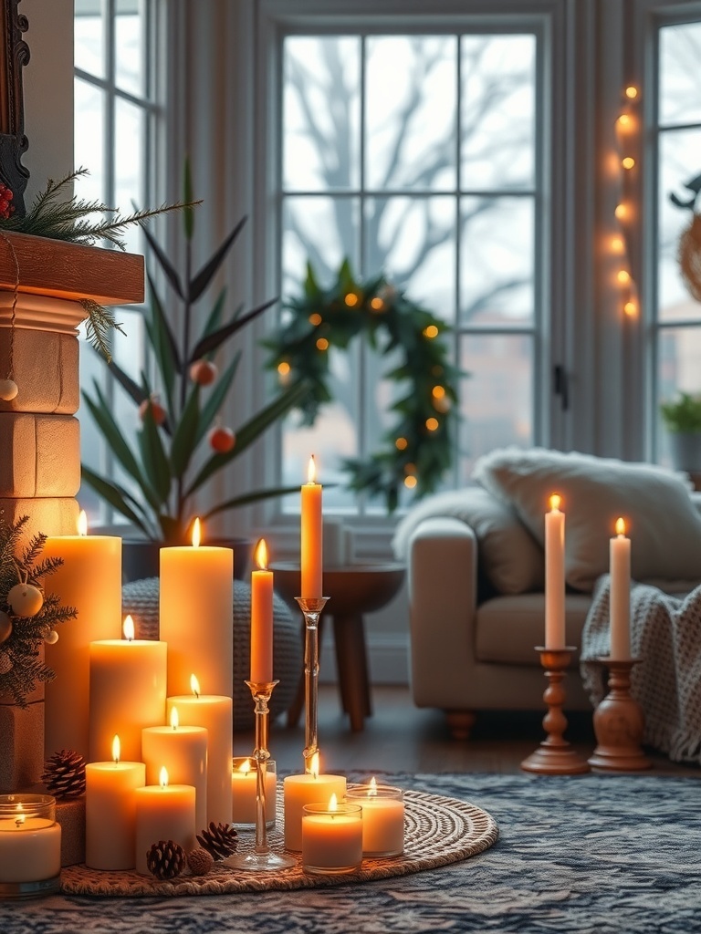 Cozy candle arrangement in a winter apartment setting.