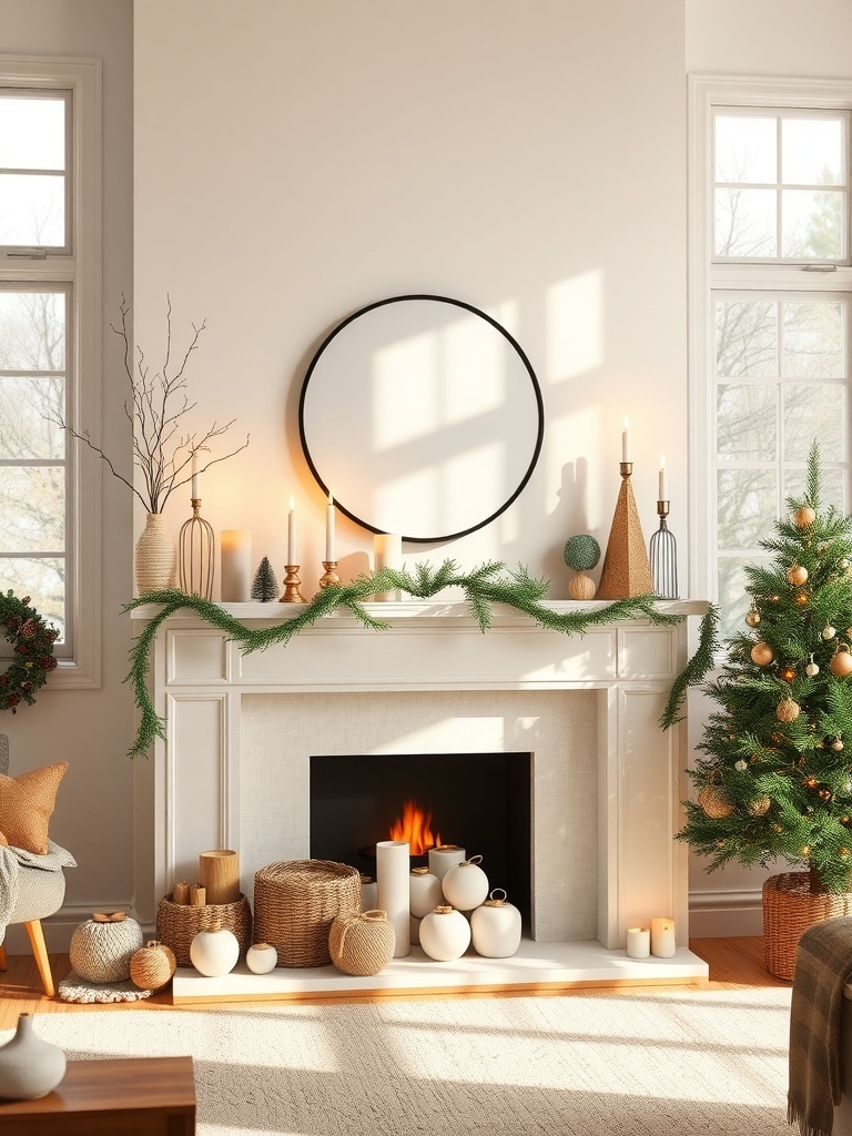 A minimal candlelit mantel display with candles, pine branches, and decorative elements.