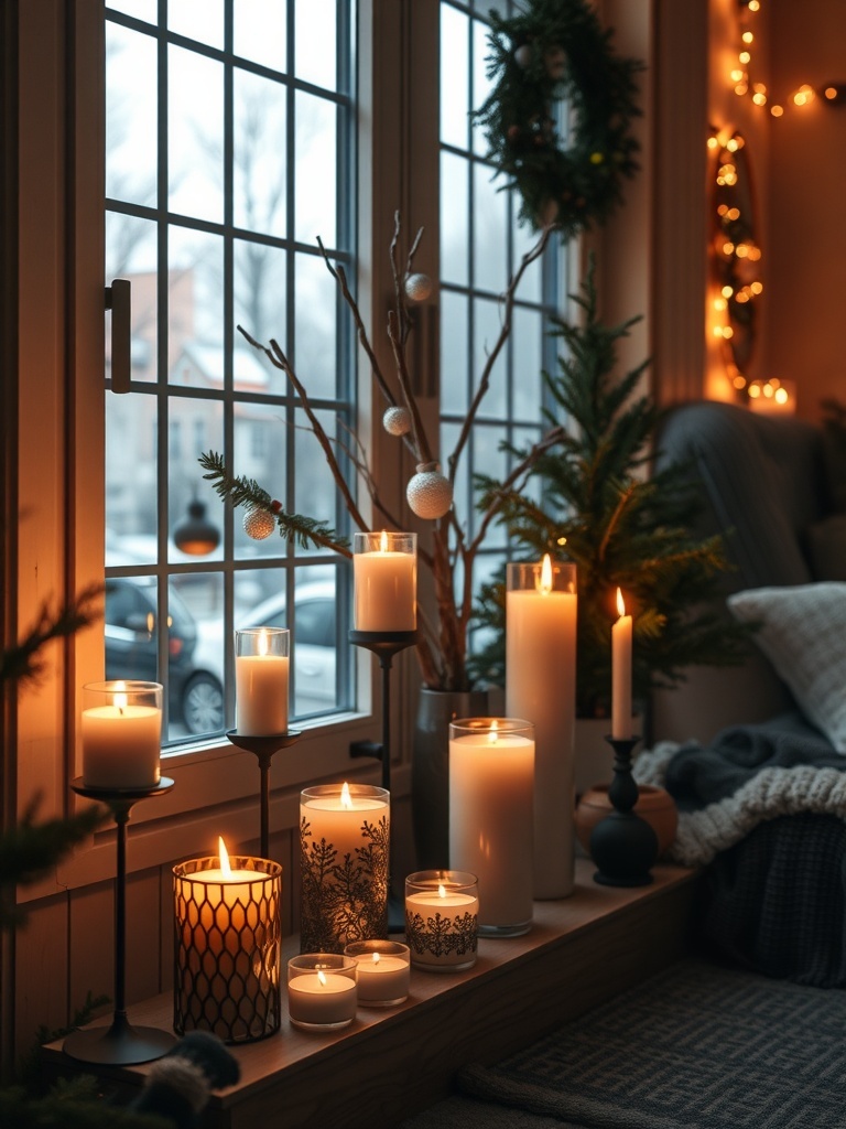 A cozy winter scene featuring various candles in decorative holders by a window.