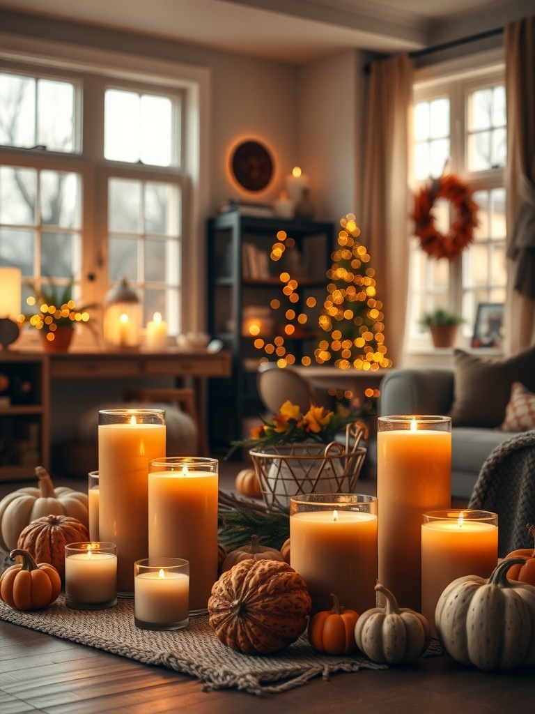 A cozy arrangement of candles with seasonal scents surrounded by pumpkins and autumn decor.