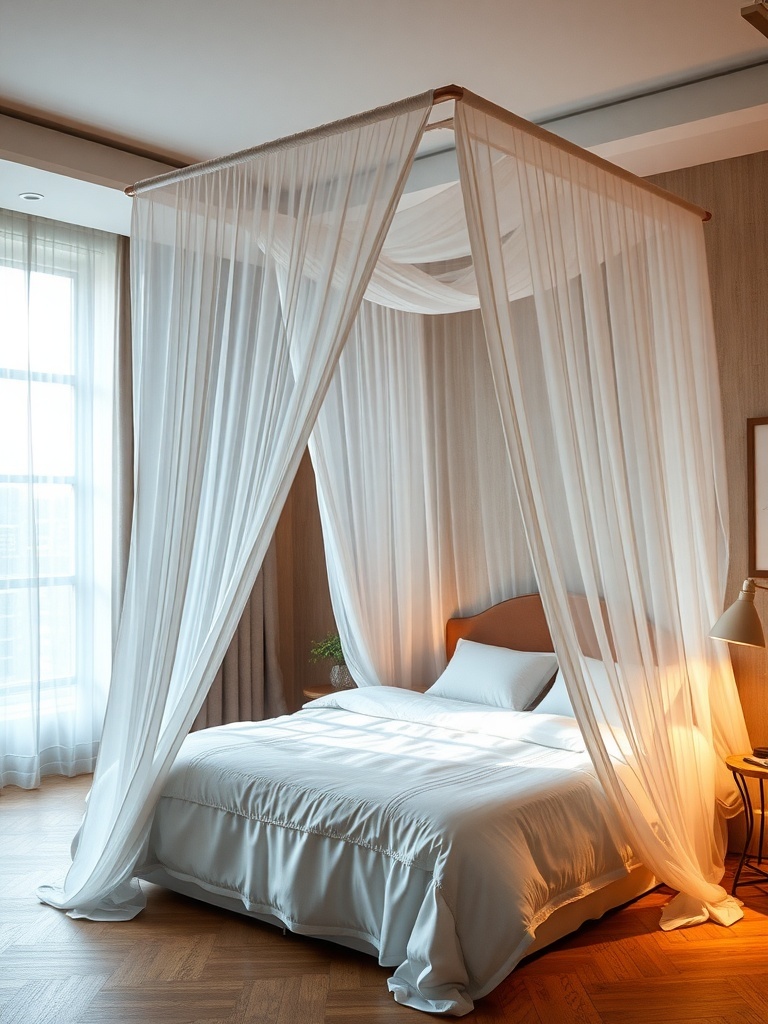 A cozy bedroom featuring a canopy bed with flowing drapes and soft bedding.