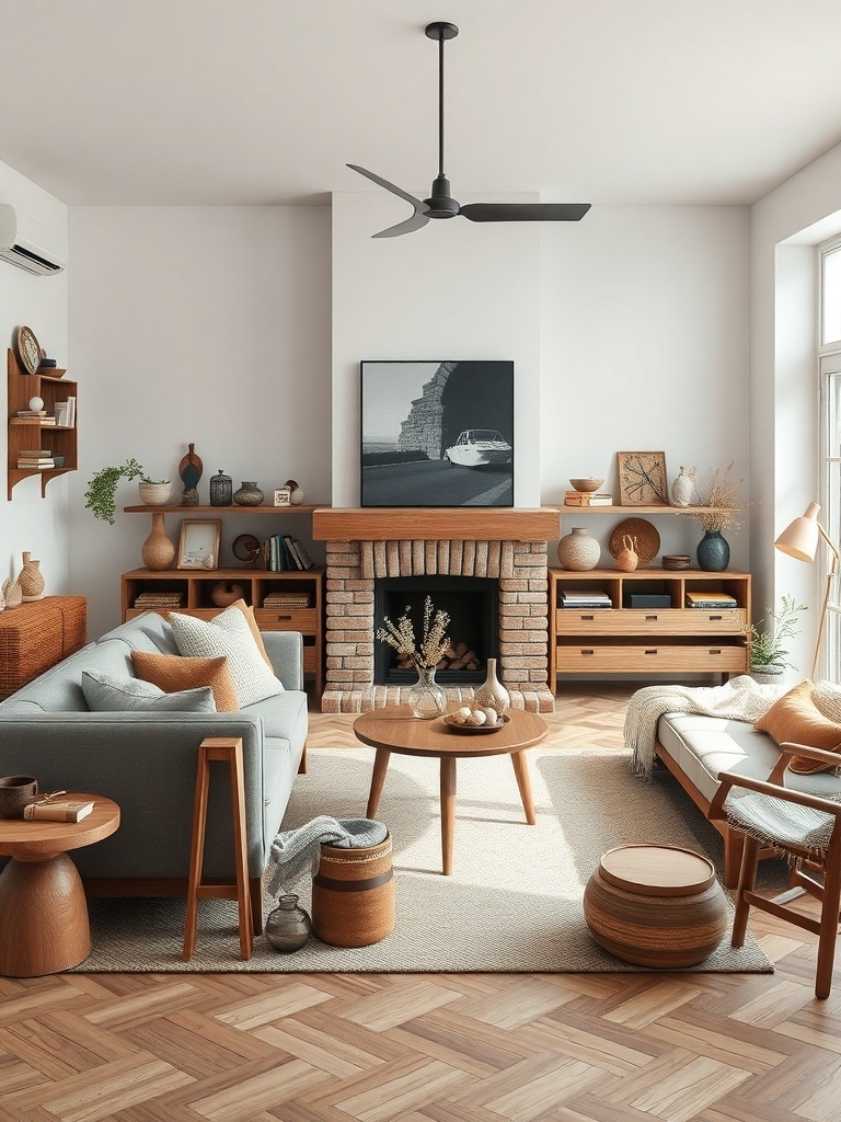A cozy Scandinavian living room featuring wooden furniture, a brick fireplace, and natural decor elements.
