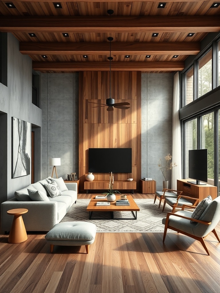 A modern living room featuring a combination of cement walls and wooden ceiling with stylish furniture.