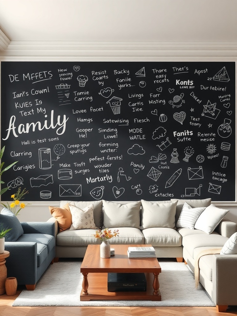 Chalkboard wall filled with family messages and doodles in a cozy living room