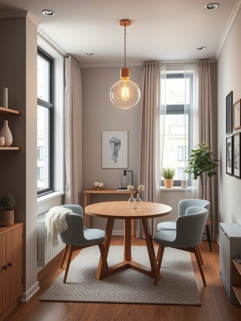 A stylish dining area featuring a glass globe chandelier, wooden table, and light blue chairs.