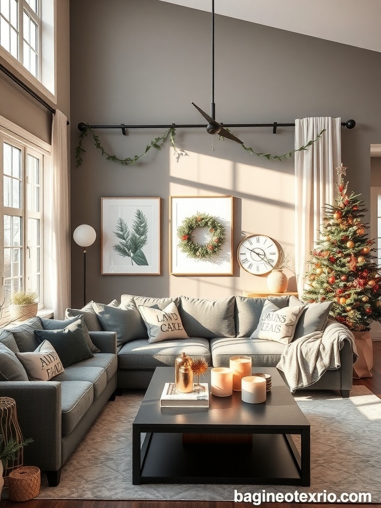 A living room featuring charcoal gray walls, a light gray sofa, and blush pink accents.