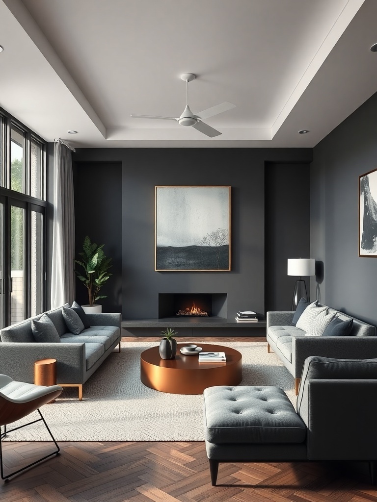 A modern living room featuring charcoal gray walls, light gray sofas, a round metallic coffee table, and large windows.