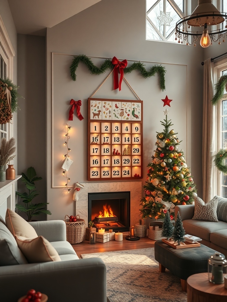 A cozy living room decorated for Christmas featuring a charming advent calendar, a beautifully lit tree, and a warm fireplace.